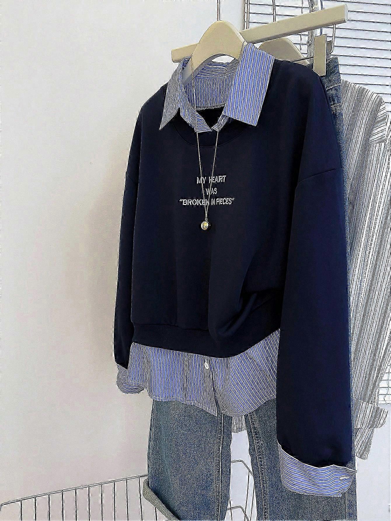 Damesweatshirt med striber og patchwork-slogan og broderi, afslappet efterår