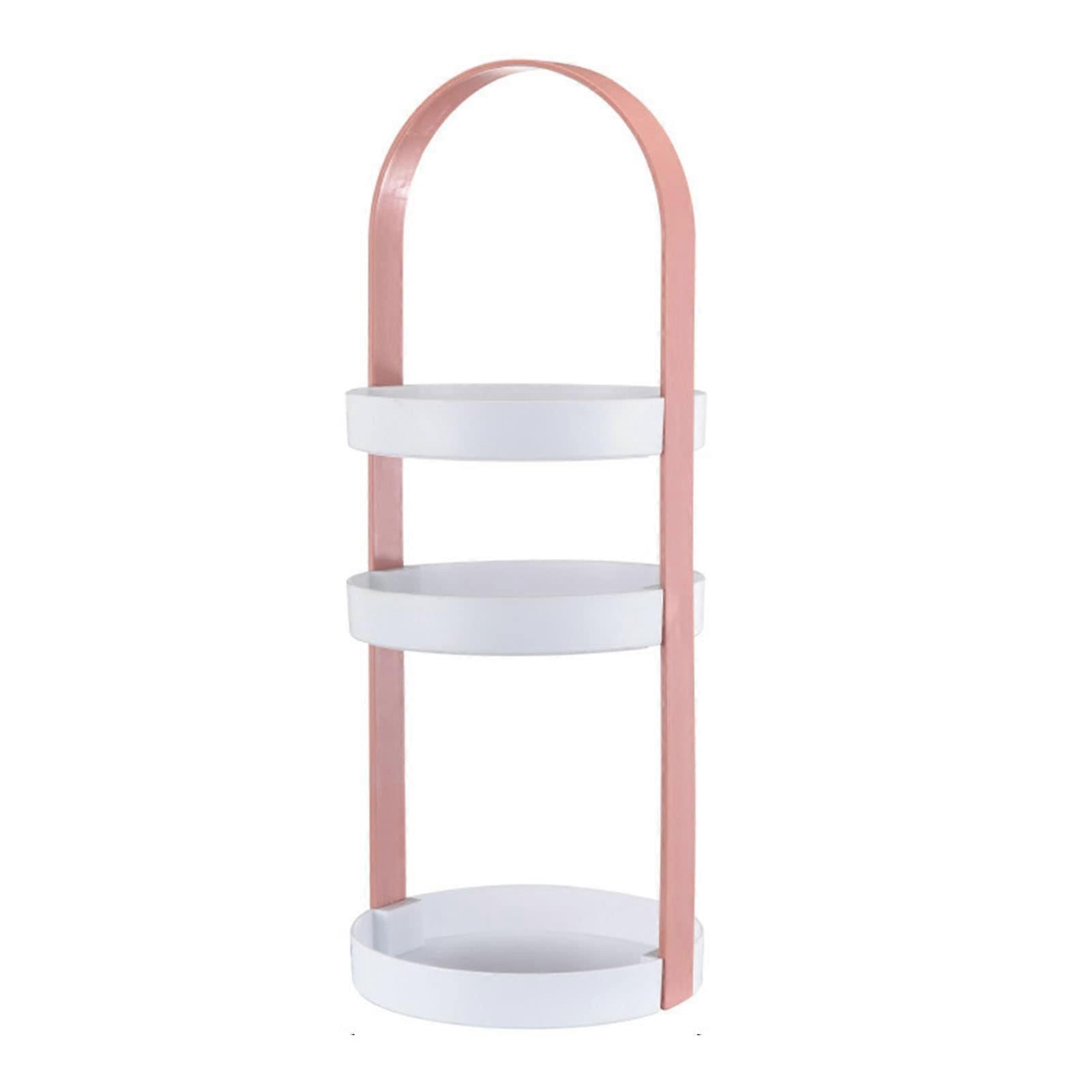 Pink 3 Tier Round Plastic Storage Rack with Handle for Bathroom Vanity and Desktop Organizer