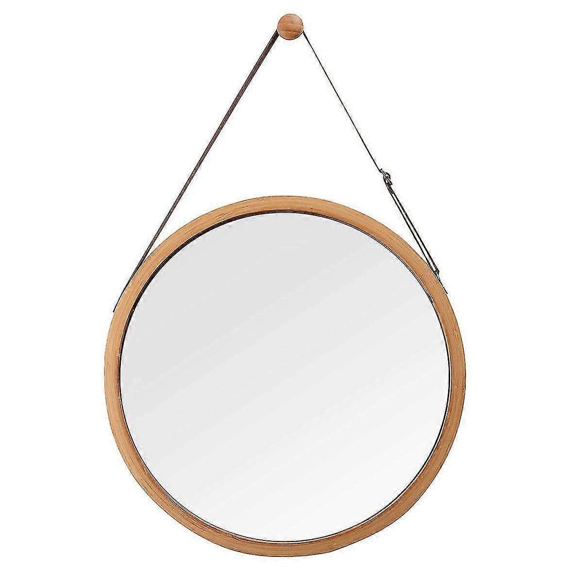 Hanging Round Wall Mirror In Bathroom & Bedroom - Solid Bamboo Frame & Adjustable Leather Strap (ba