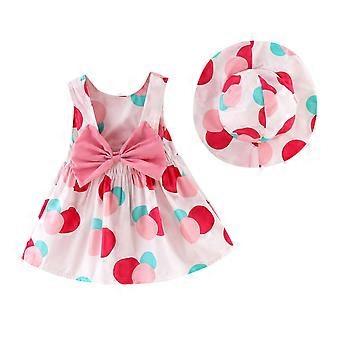 Vestido de verão casual colorido de bolinhas para meninas pequenas, sem mangas, com laço e costas abertas, ideal para férias no verão. Acompanha chapéu.