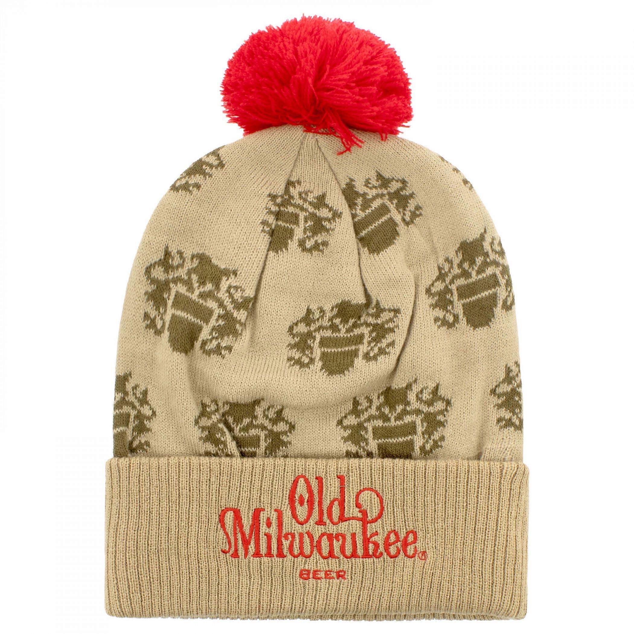 Old Milwaukee Logo Pattern Pom Beanie