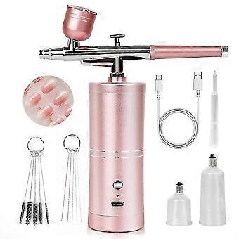 Nail Airbrush Kit 25 PSI Rechargeable Dual-Mode 0.3mm Nozzle 800mAh Pink Metal for Nail Art Makeup Food Decoration