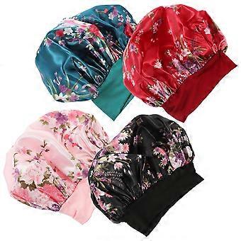 Elastische Satin-Schlafhaube zum Schlafen, 4er-Pack bedruckte breite Damen-Haarhaube
