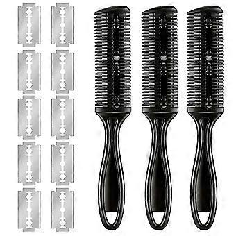 Hair Razor Combs, 3Pcs Double Side Hair Cutting Combs with 10 Stainless Steel Blades, Environmentally Friendly Plastic