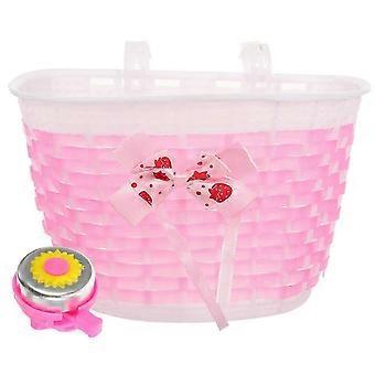 Set van 2 kinderfietsmandjes voor op het voorwiel met bel, roze PE opbergmandje, geschikt voor kinderfietsen, eenvoudig te monteren, duurzaam en lichtgewicht, 21,5 x 13 x 11 cm