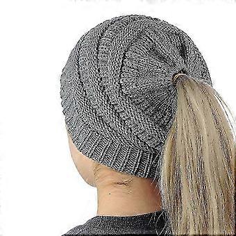 Elastic Rope Fashionable Warm Knitted Hat Messy High Bun Ponytail Woolen Hat 26-27