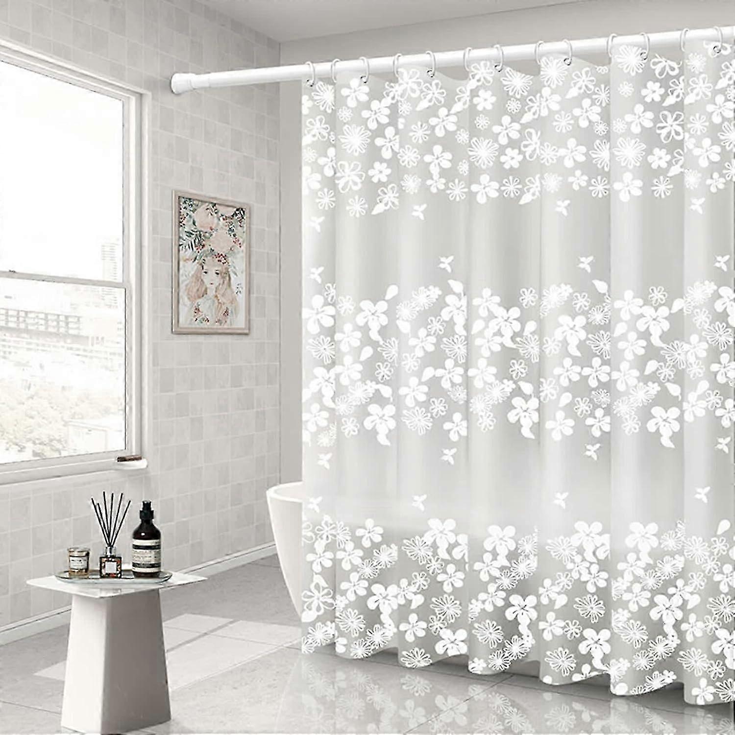 Transparent Shower Curtain, Peva Flower Pattern, No Drilling