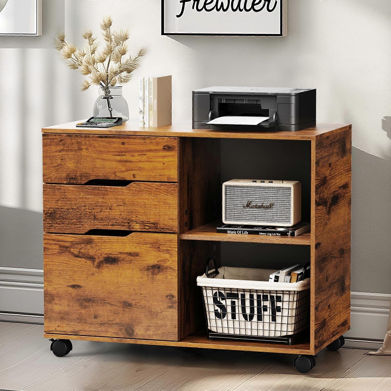 Lateral File Cabinet with 3 Drawers and Rolling Printer Stand, Adjustable Shelf, Rustic Brown