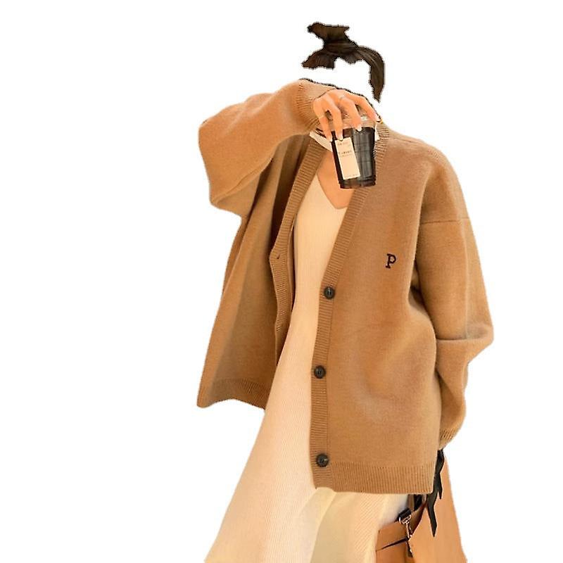 2023 Retro Lazy Loose Långärmad stickad kofta Brev Broderad Tröja Kappa För Kvinnor