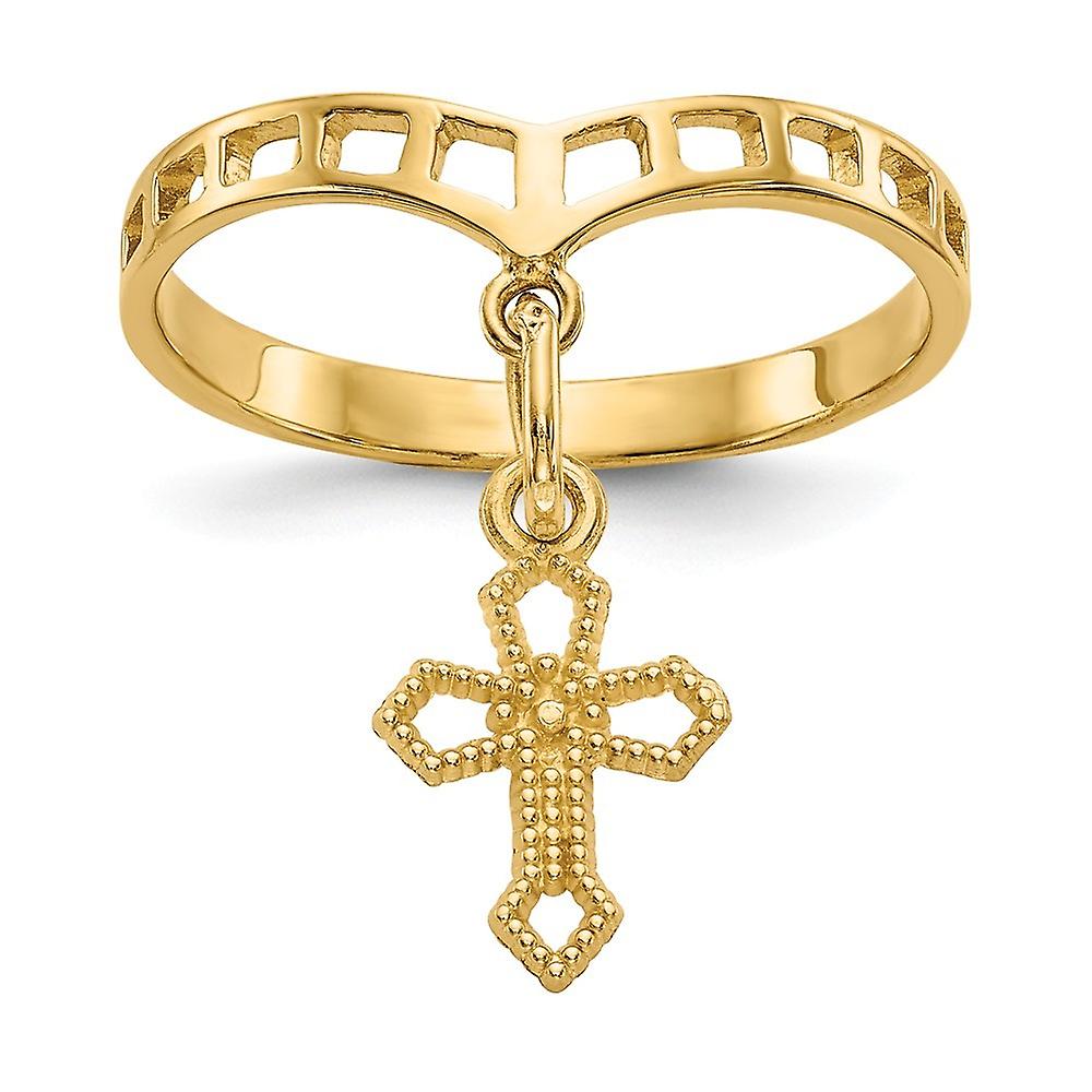 Bague pendante en or jaune massif 14 carats, texturée et polie, avec pendentif en forme de croix religieuse, taille 6, pour femme