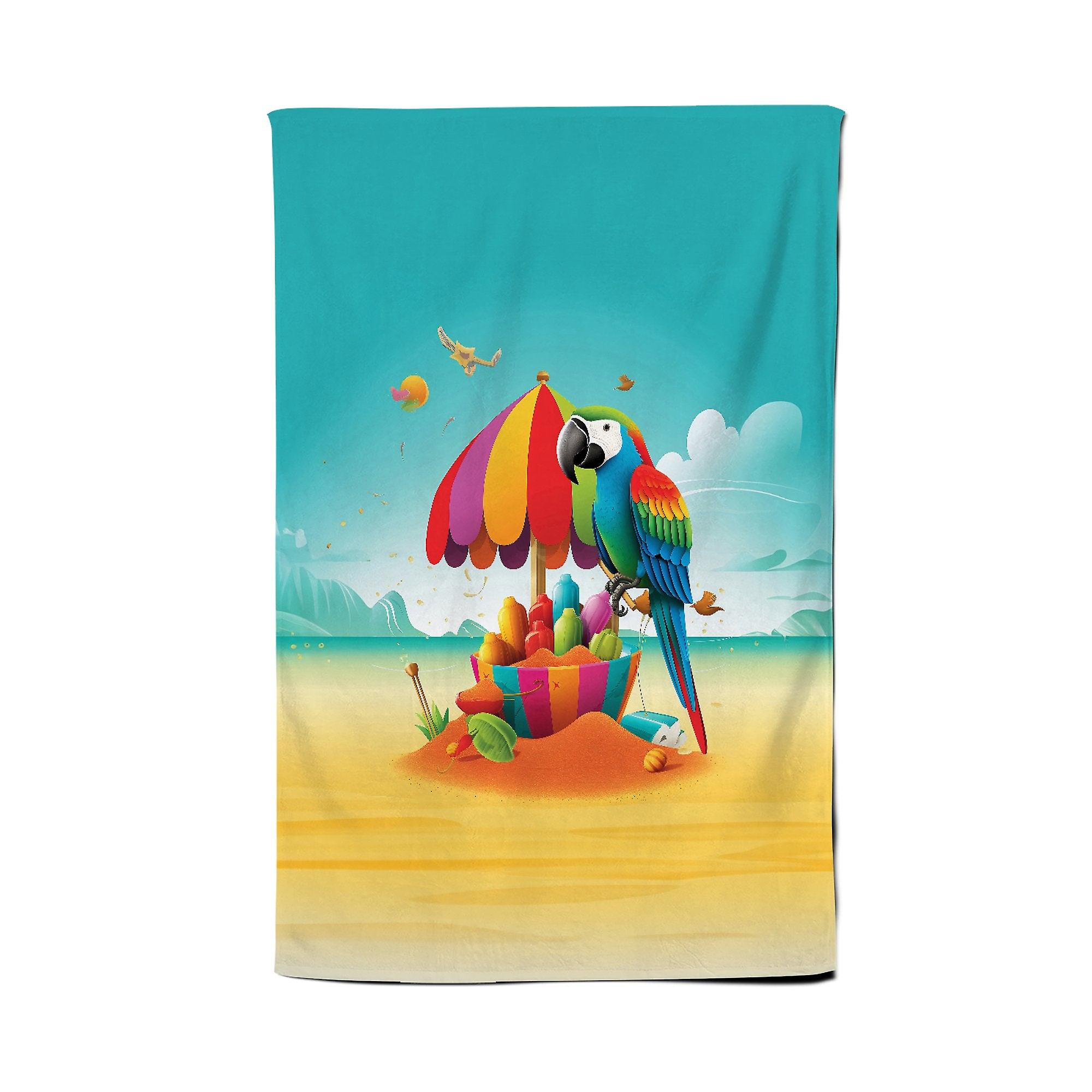 Parrot On A Beach Holiday Tea Towel