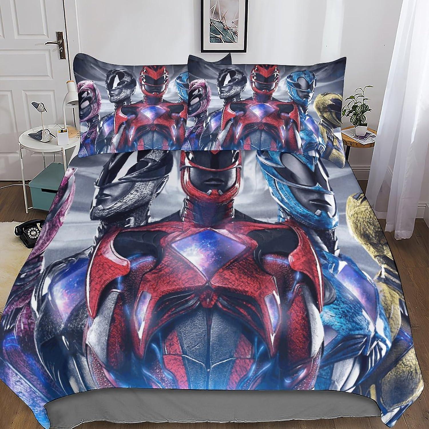 Power Rangers Komplet pościeli Zestaw poszewek na kołdrę do druku 3D 3 sztuki Miękka oddychająca poszewka na kołdrę Sci-fi Poszewka na kołdrę z poszewkami na poduszki