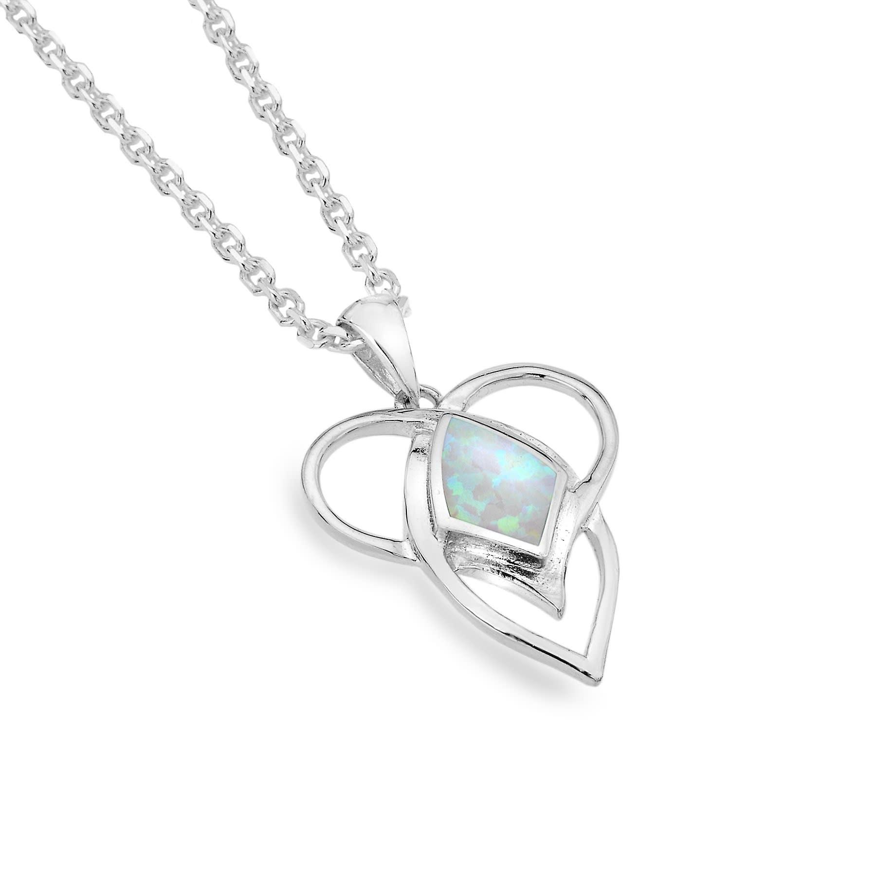 Sterling Silver Pendant Necklace - Celtic Heart Shape + Synthetic Opal
