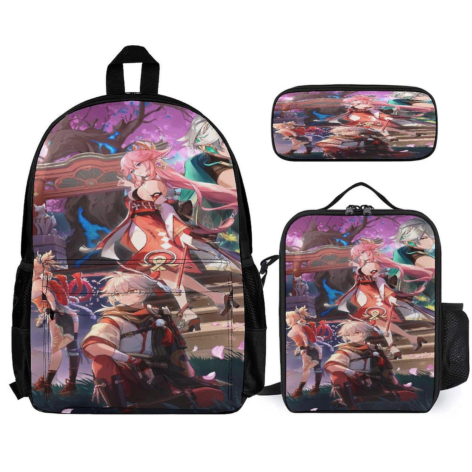 Genshin Impact Backpack 3 قطع مجموعة حقيبة ظهر للكمبيوتر المحمول مع مقلمة حقيبة غداء مختلطة