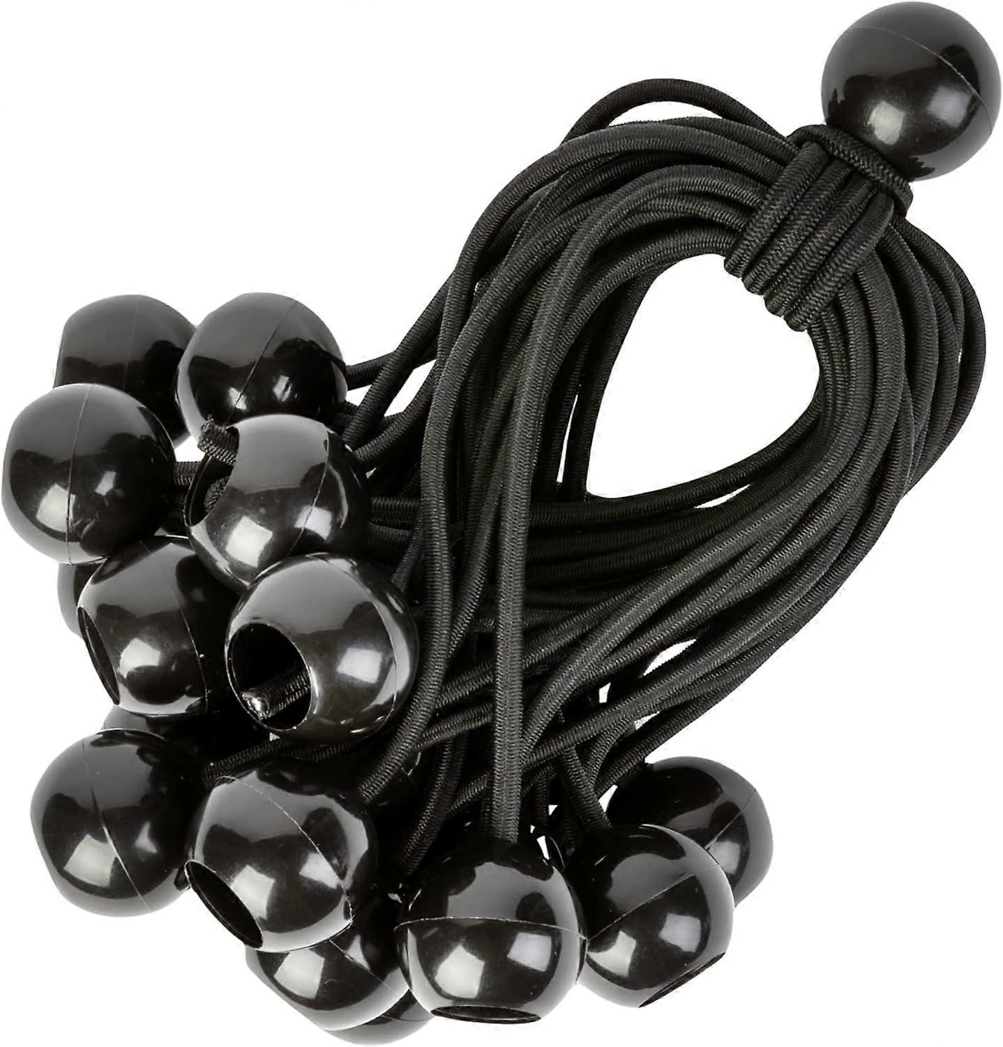 Bungee Cords with Balls - Set of 25 x 23 cm Universal Tensioners with Ties - Heavy Duty Elastic Strap Perfect for Camping, Luggage & Tarpaulins - Blac
