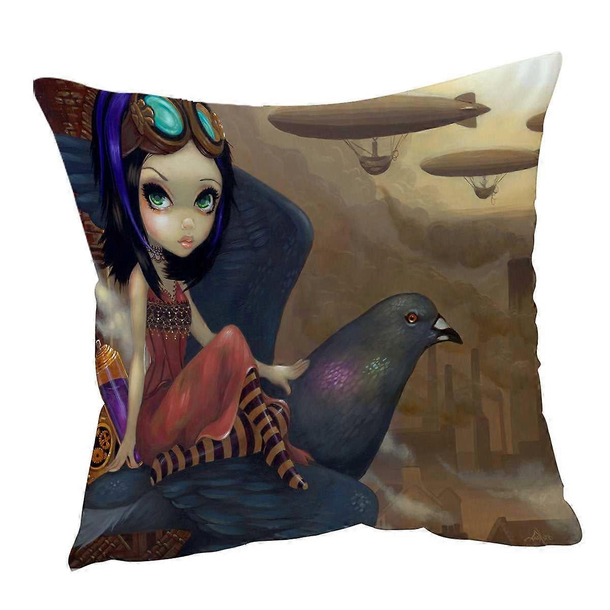 Poe a Beautiful Steampunk Flair Girl on a Pigeon Cushion Cover