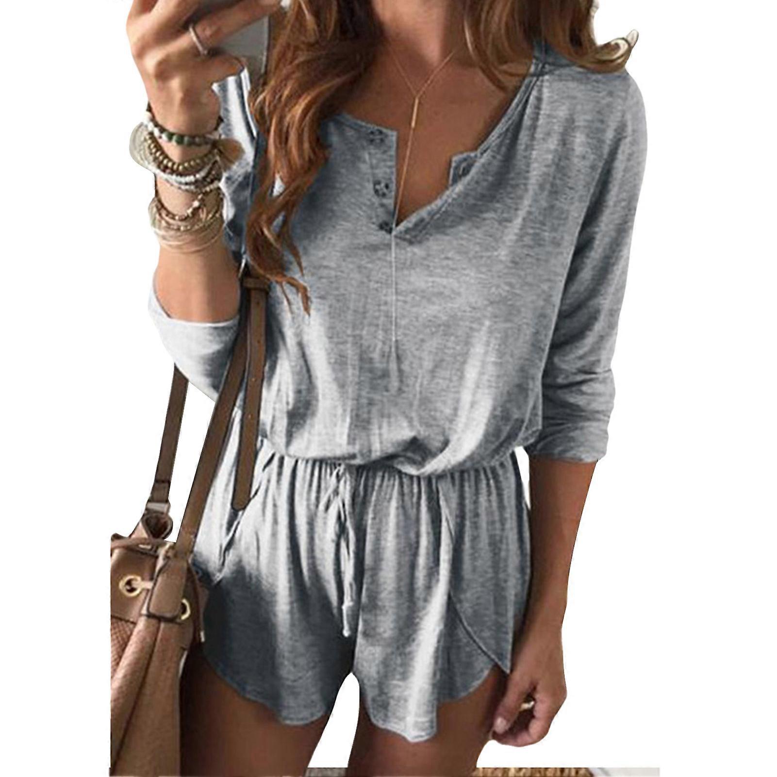 Lange mouw Shorts Jumpsuit Lace Up V-hals Effen Kleur Ademend Dameskleding Grijs XXL