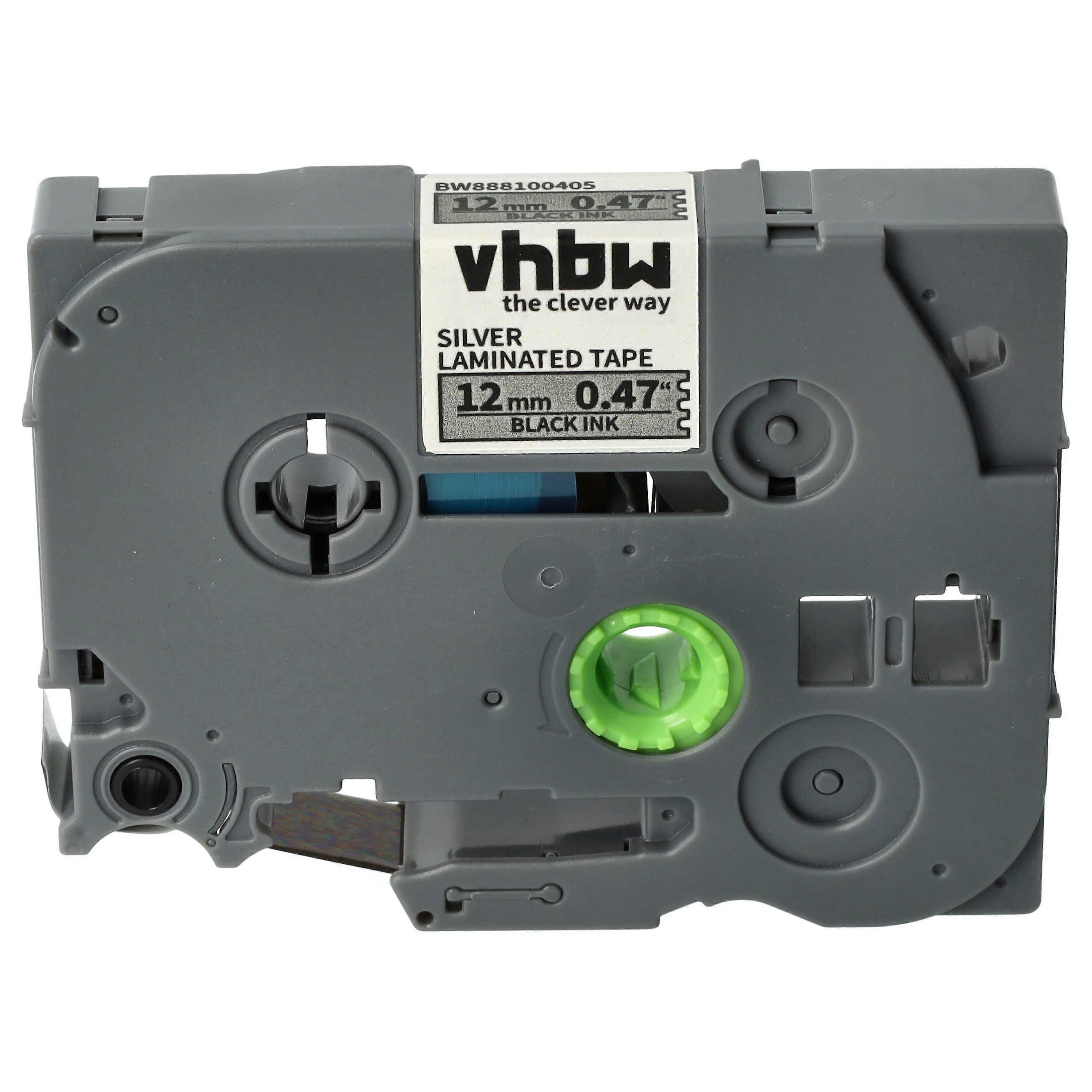 vhbw Cassetta per Nastro Etichette compatibile con Brother PT D400, D400AD, D400VP, D210VP, D215e Stampante per Etichette 8m x 12mm Nero su Argento, Laminato