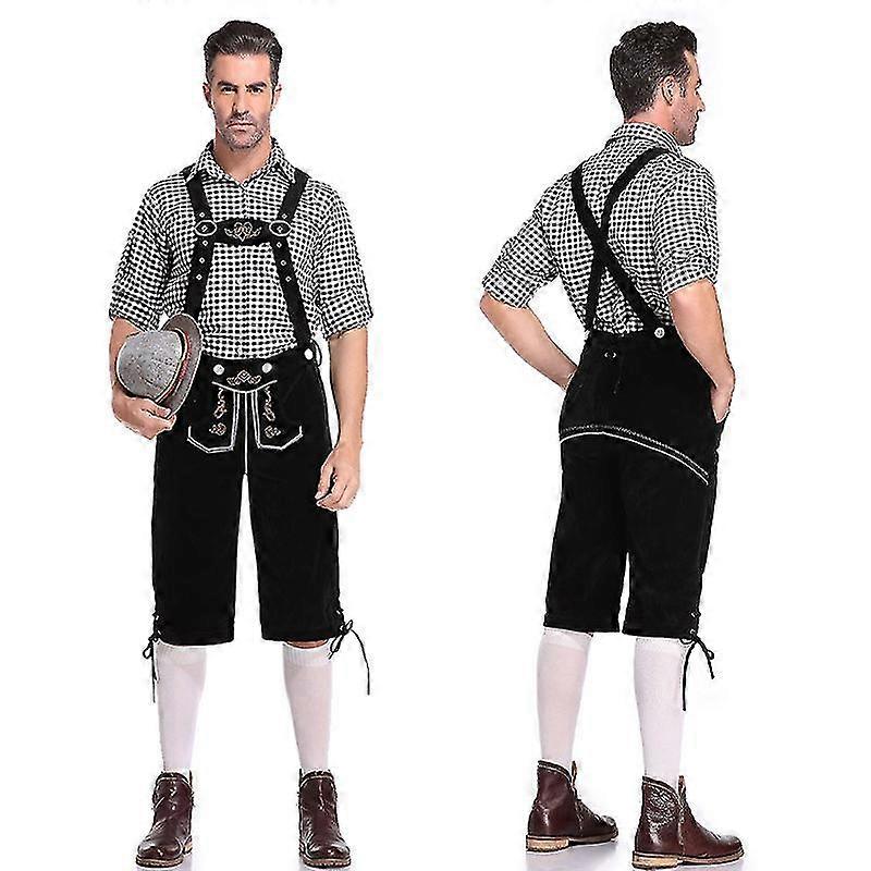 Geleneksel Erkek Oktoberfest Kostüm Ekose Gömlek İşlemeli Tulumlar Şapka Seti