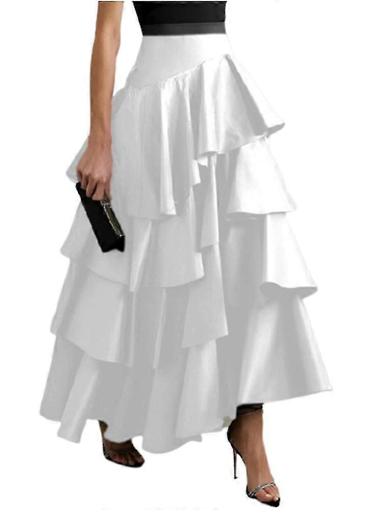 女性のアーバンAラインフリルパーティースカートハイウエストプリーツ無地ロングスカート-良い