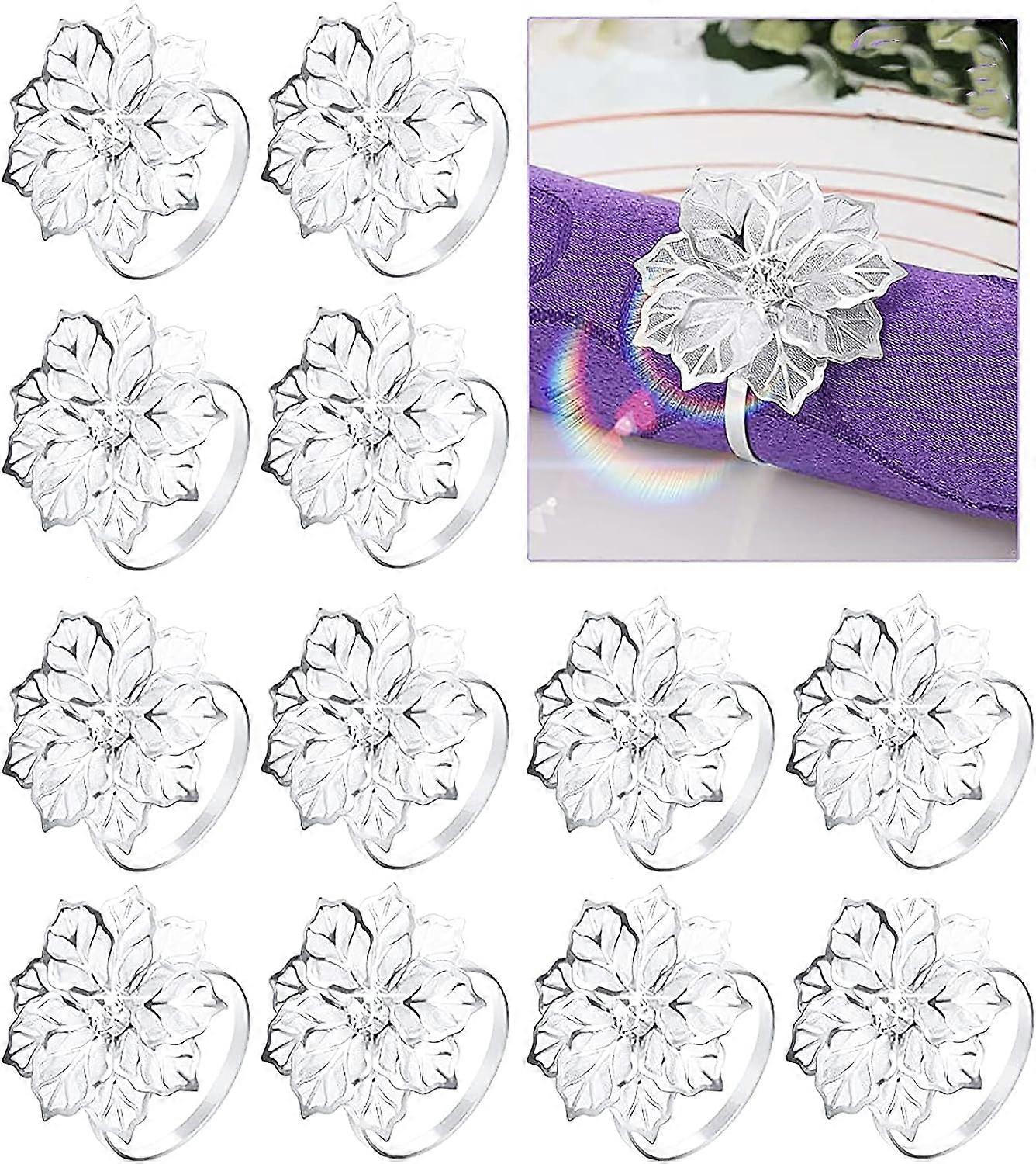 Boucle de rond de serviette de table fleur, pour banquet de mariage Noël dîner Table Decor(Silver-12 P CQT