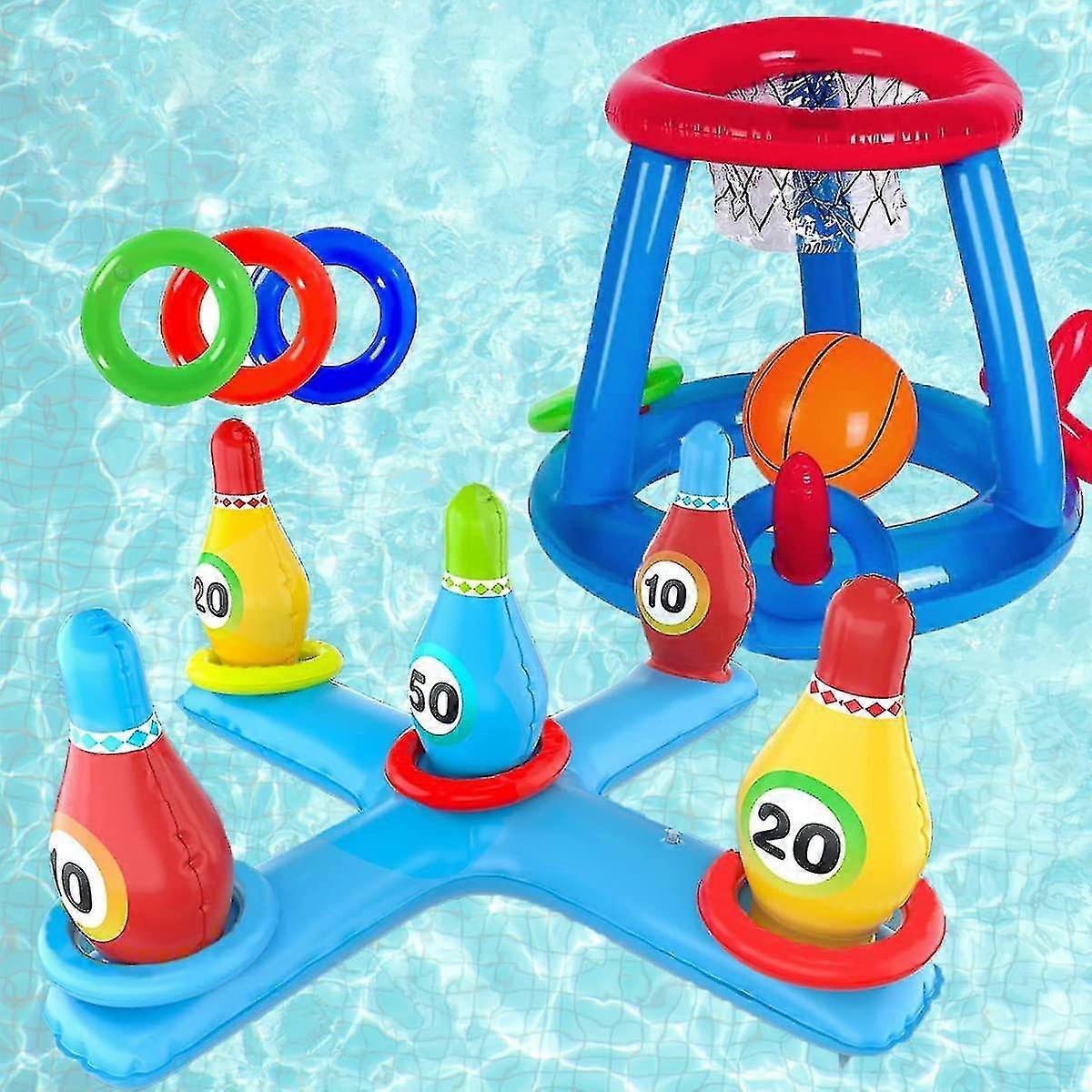 Inflatable Pool Basketball Toys Set, Floating Swimming Ring & Beach Ball Toss Games Summer Party