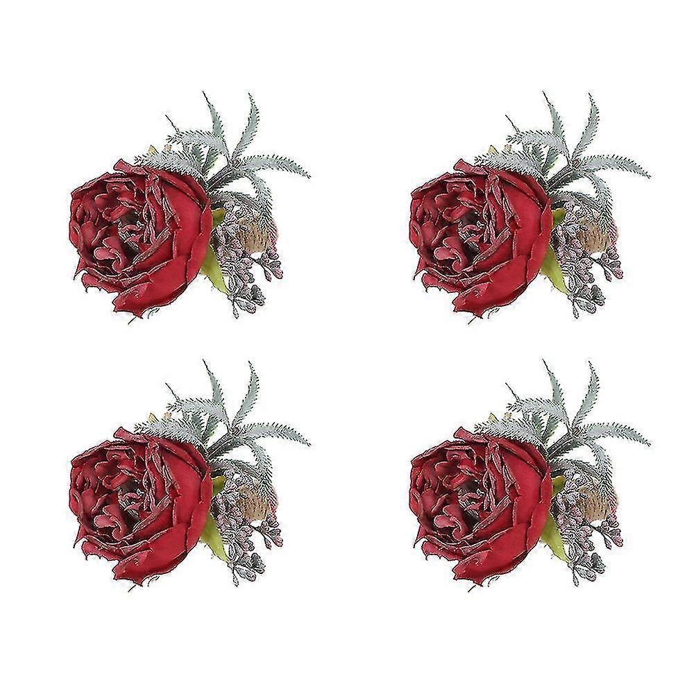4pcs Artificial Rose Flower Napkin Ring Table Decoration(red)