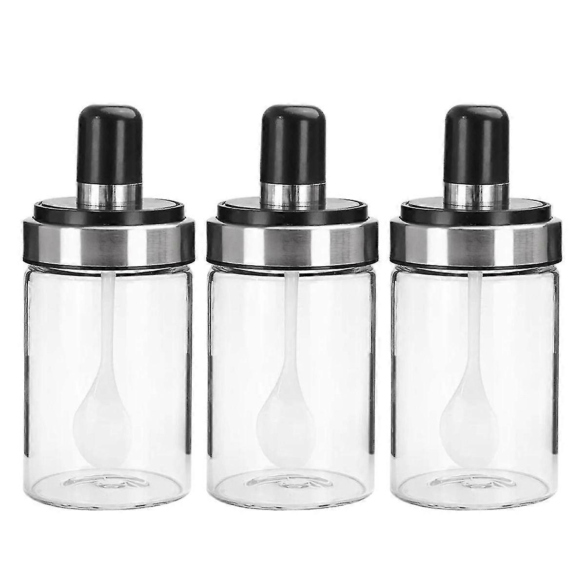 3 Pcs Glass Spice Jars Seasoning Box Jar Condiment Jar, With Spoon And Lid Design, Empty Jars 8.45