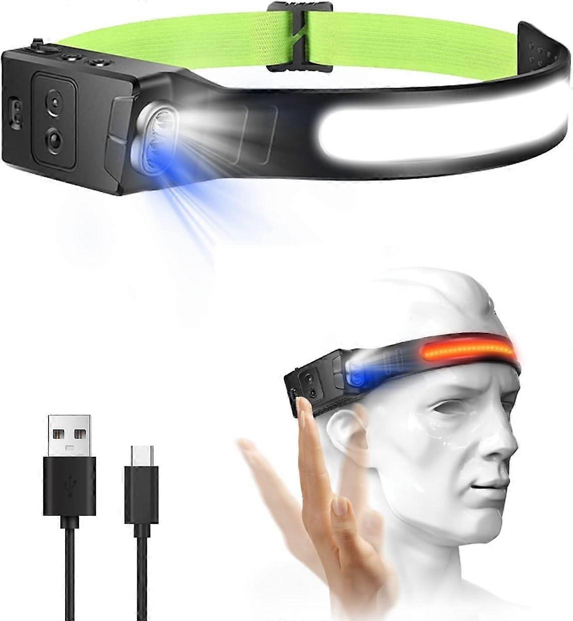 Lampe frontale rechargeableLampe de vélo + capteur de mouvement, lampe frontale LED à vue élargie (mode lumière bleue et rouge) mains libres pour la course à pied Cyclisme Randonnée IPX