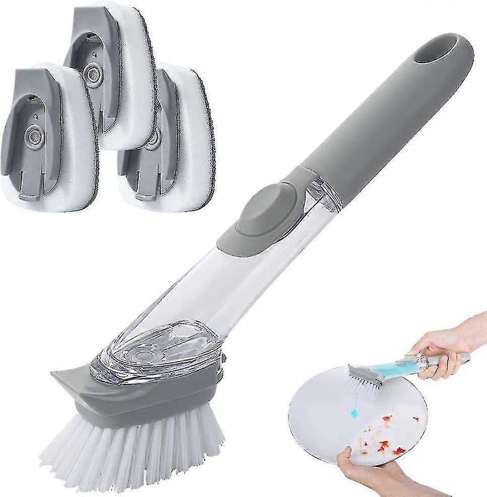 Three In One Dishwashing Brush With Detergent Dispenser, Kitchen Dish Brush Pot Artifact, Automatic Cleaning Brush To Add, 1 Pp Brush And 3 Cleaning S