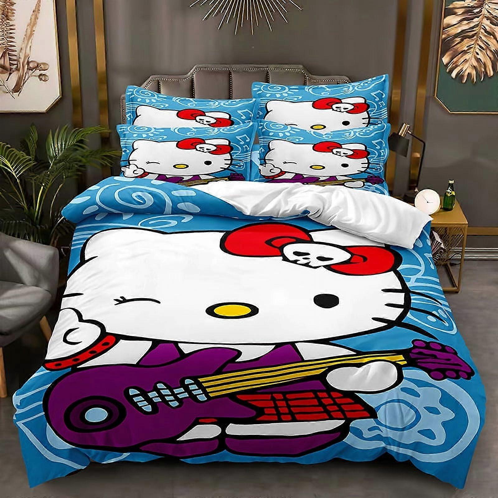 v5185 Lençóis de Cama Hello_Kitty 3 Pcs Conjunto de Edredom com 2 Fronhas, Halloween Natal Hello_Kitty Conjunto de Lençóis Conjunto de Lençóis para Crianças Adultos, Todos