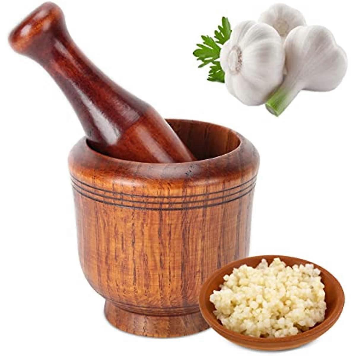 Mortar and Pestle Wooden Garlic Masher Hand Grinder Crusher Kitchen Gadgets Mixing Tool for Herbs, Spices & Seasonings