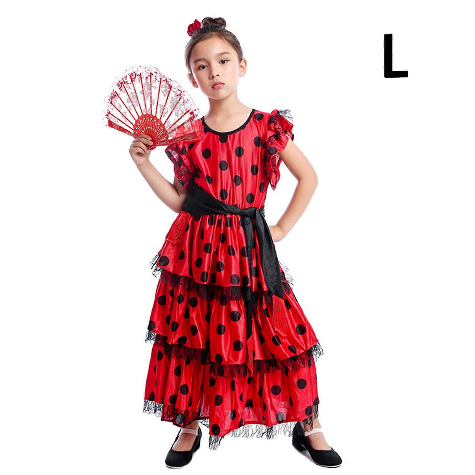İspanyol Kız Elbise Seti Kız Uzun Kırmızı Flamenko Elbise Etek Vintage Sahne Performans Kıyafetleri