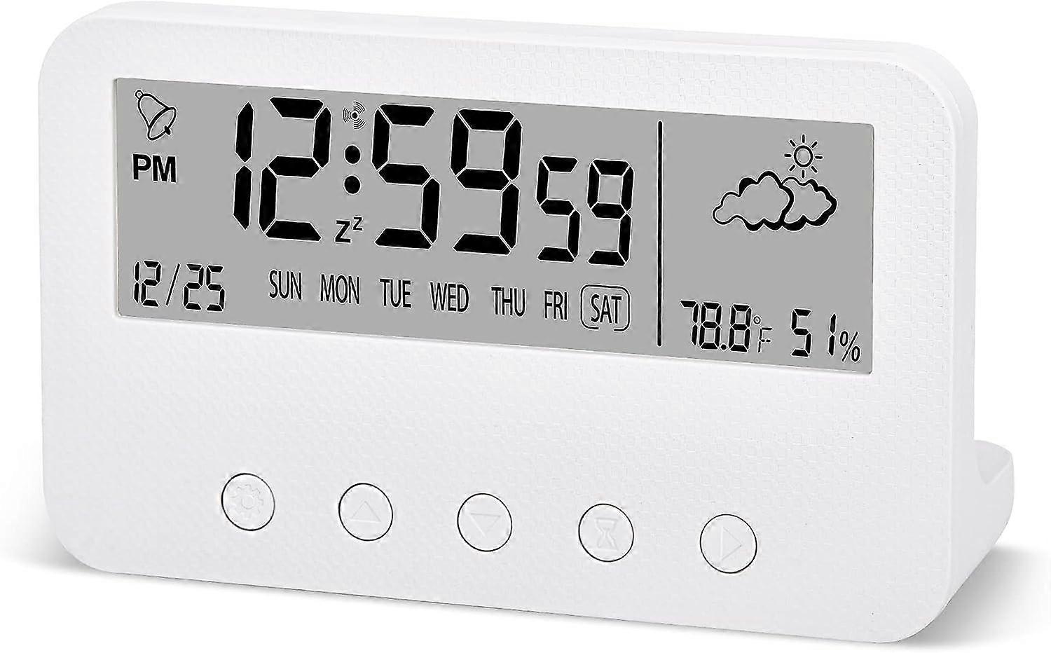 Digital Alarm Clock for Bedrooms,Battery Operated Desk Clock,with Countdown,Weather, Night Light,Date,Temperature Humidity,for Teens,Students(White)