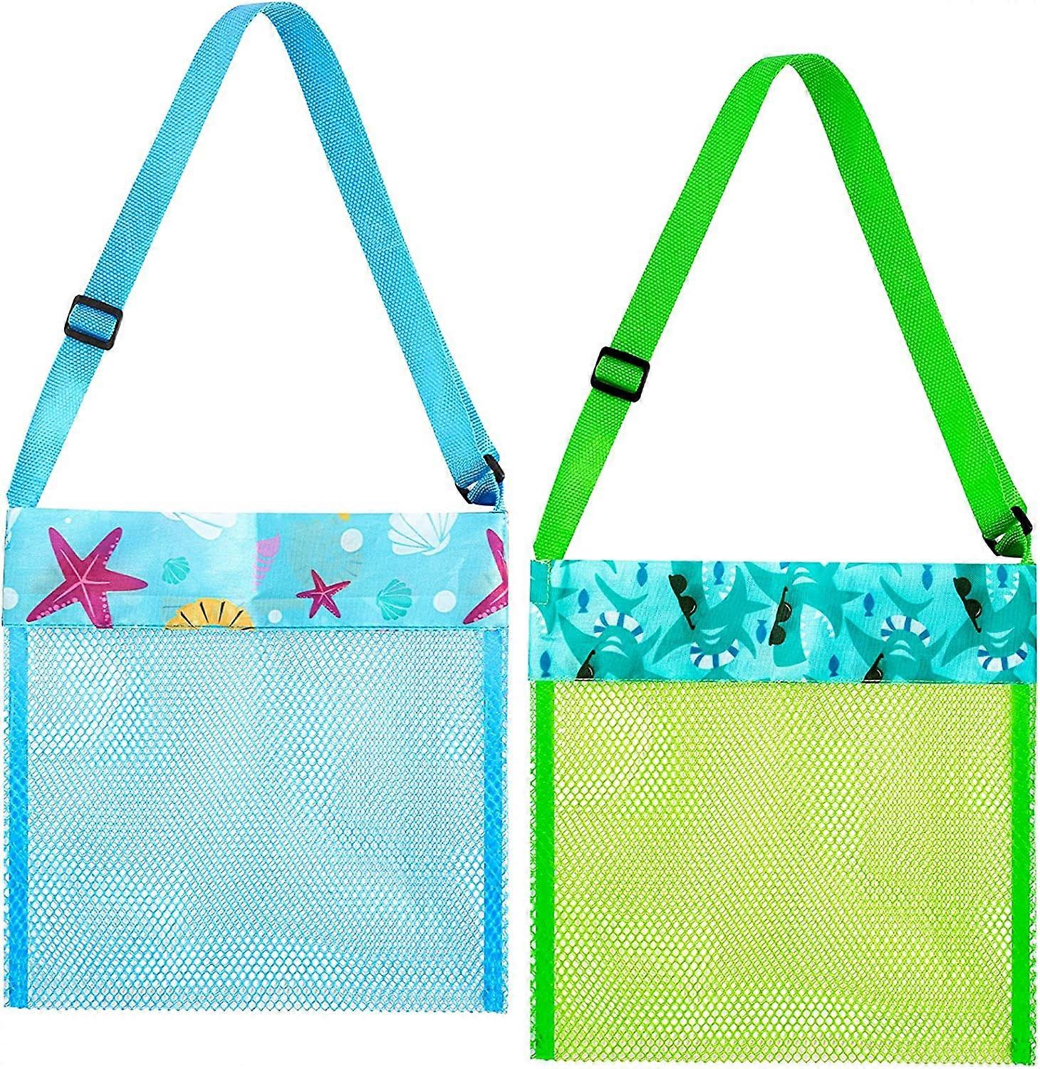 2 Pcs Beach Mesh Shell Bag, Portable Seashell Bags with Adjustable Mesh Beach Bags for Seashell Collecting, Storage Fruit Vegetable or Toys