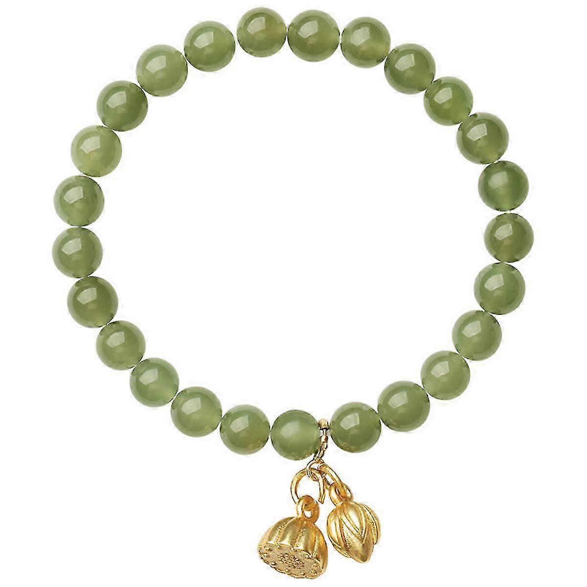 Green Lady Bracelet Natural Hetian Jade Beaded Bangle with 14K Lotus