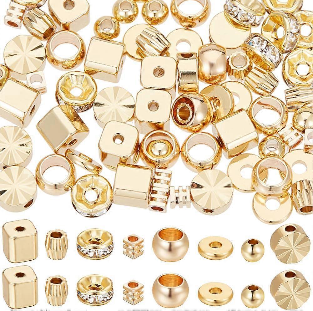1 Box 80Pcs 8 Styles Spacer Beads 18K Gold Plated Smooth Mixed Shapes Cube Bicone Disc Flat Round Grooved Cube Roundel Beads for Jewellery Making Brac