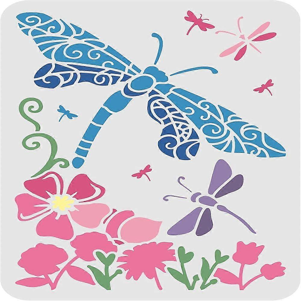 1pc Dragonfly Stencil 29.7x21cm Reusable DIY Art and Craft Stencil Beautiful Dragonfly and Flowers Pattern Drawing Stencil Large Stencils for Painting