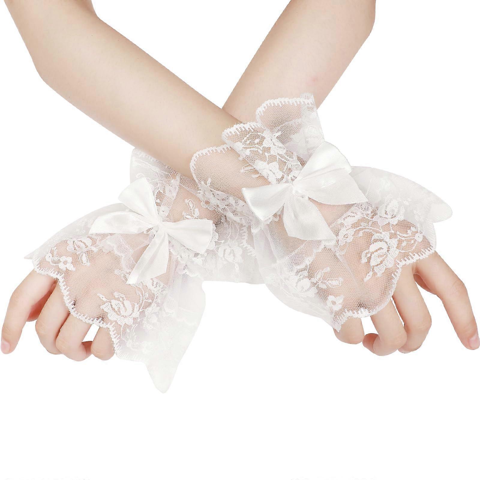 Floral Lace Wrist Cuff Gloves with Bow Ruffles for Women, Elegant Party Accessories, Adjustable Size, Soft Material