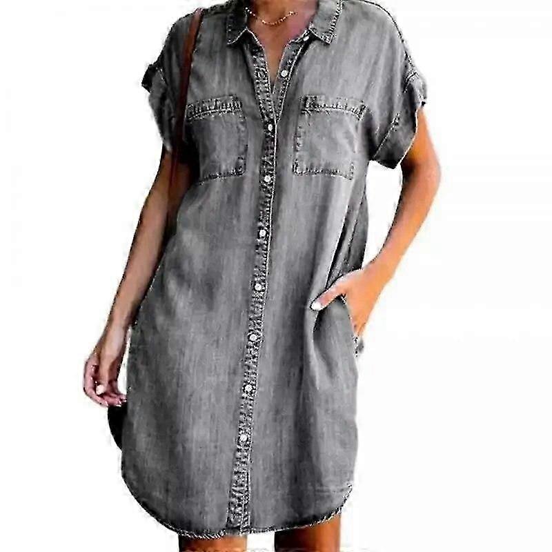 Varış Yaz Kadın Denim Elbise Kısa Kollu Gevşek A-Word Elbiseler S V Yaka Katı Denim Elbiseler Gömlek Elbise 17139
