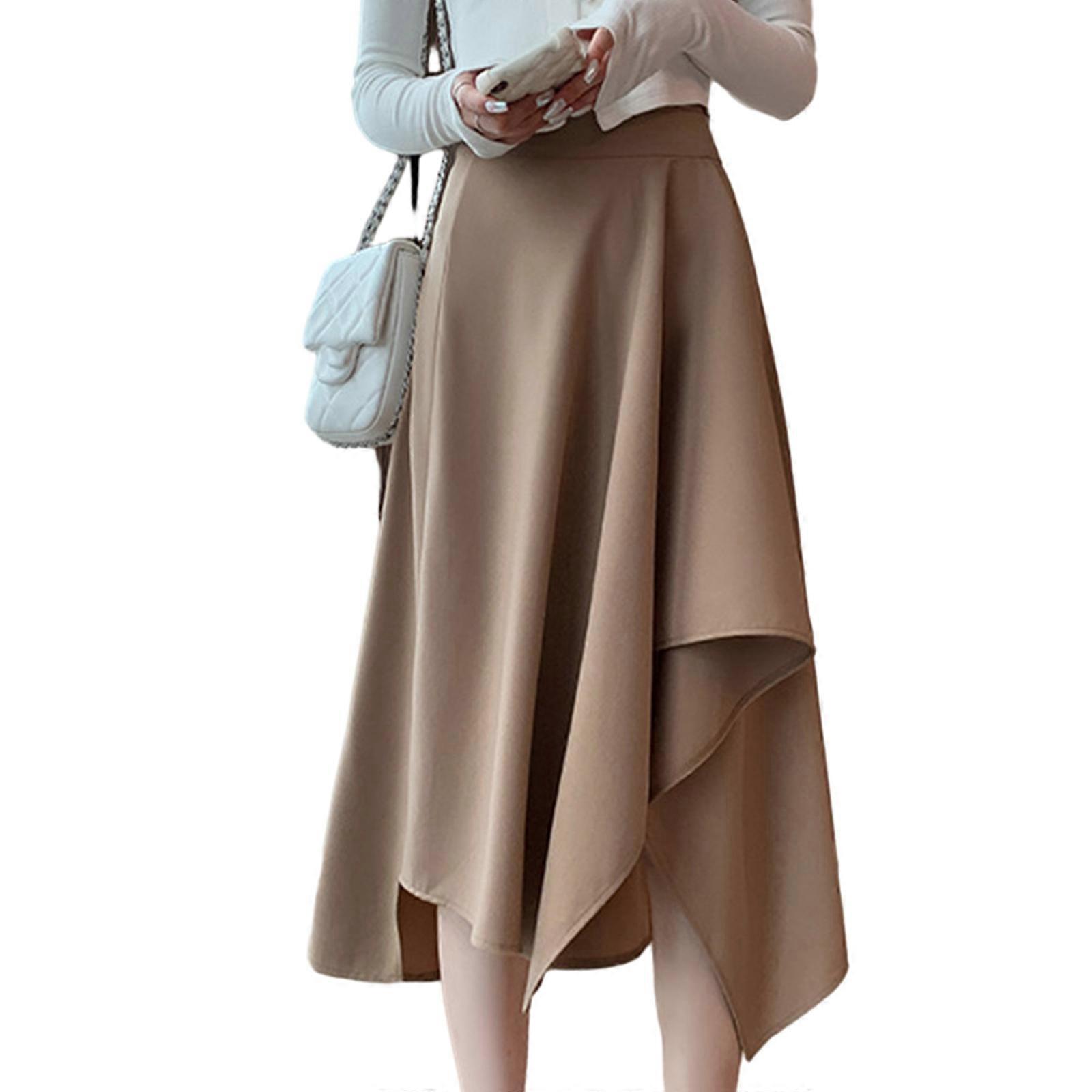 Taille haute plissée fluide irrégulière longue jupe pour femmes mode coréenne haut bas ourlet asymétrique swing a-ligne jupe midi café clair XL