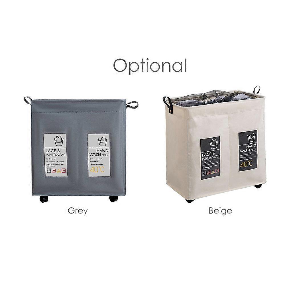 Rolling Slim Laundry Basket 2 Compartments with Universal Wheels and Handle Foldable Oxford Cloth Laundry Hamper Mesh Drawstring Dirty Clothes Organi