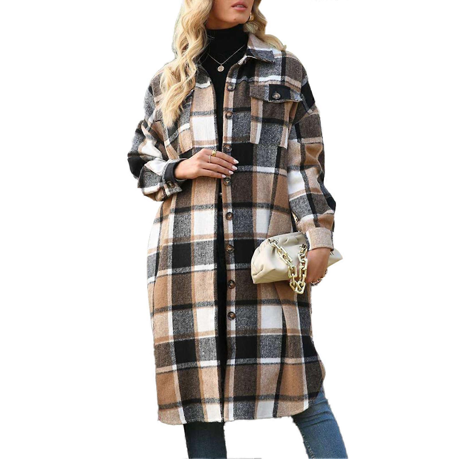 Women Coat Plaid Printed Split Hem Turn Down Collar Single Row Button Loose Pocketed Shacket