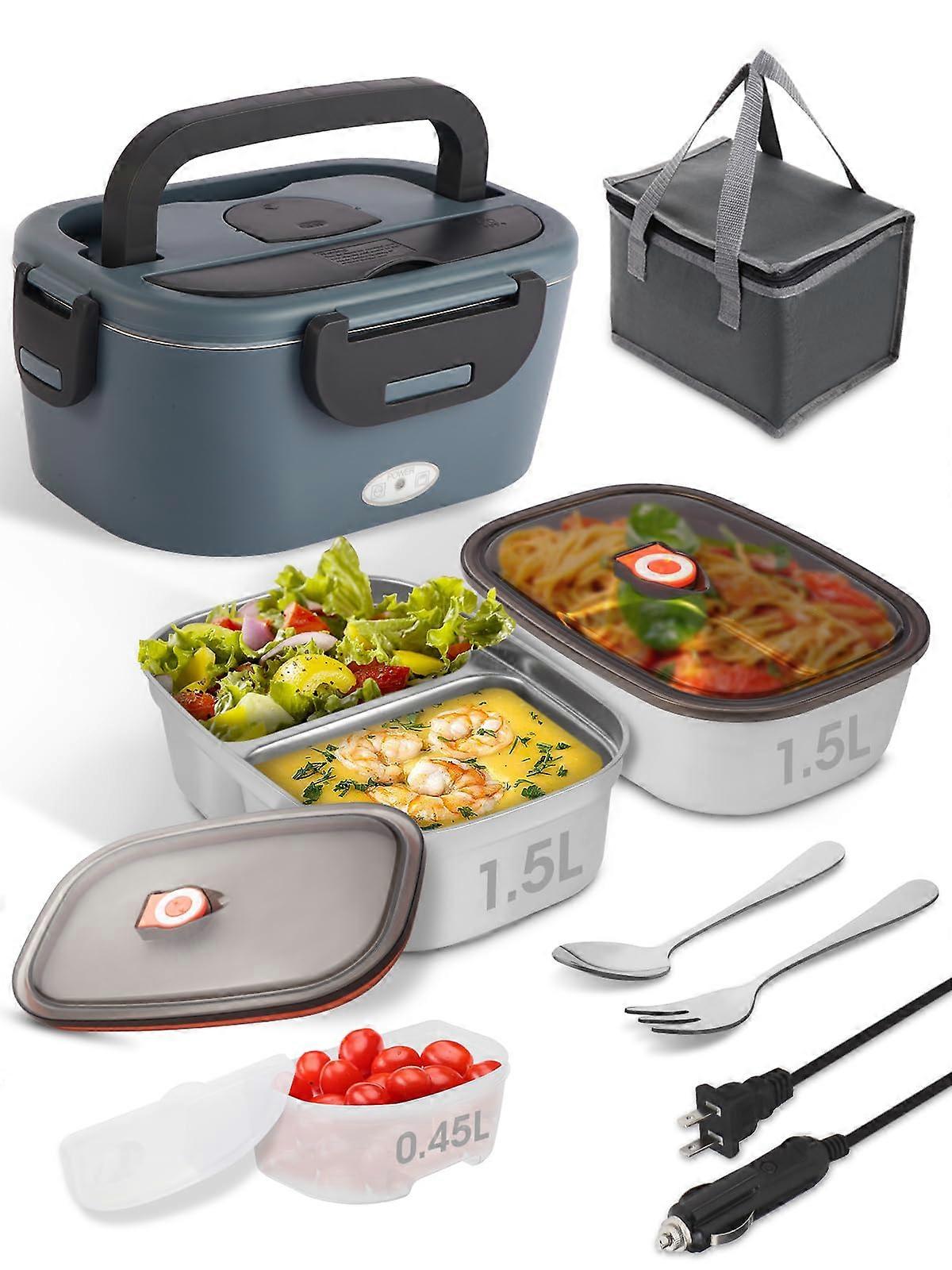 Heated Lunch Box, Double Part with Parts and 80W Electric Lunch Box with Cap, 12V/24V/110V Food Heater
