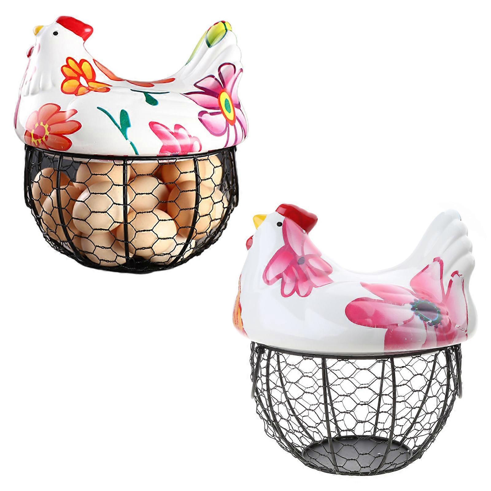 سلة تخزين الدجاجة الخزفية الحديدية مع مقبض وغطاء حاوية منظم قطرة ماء