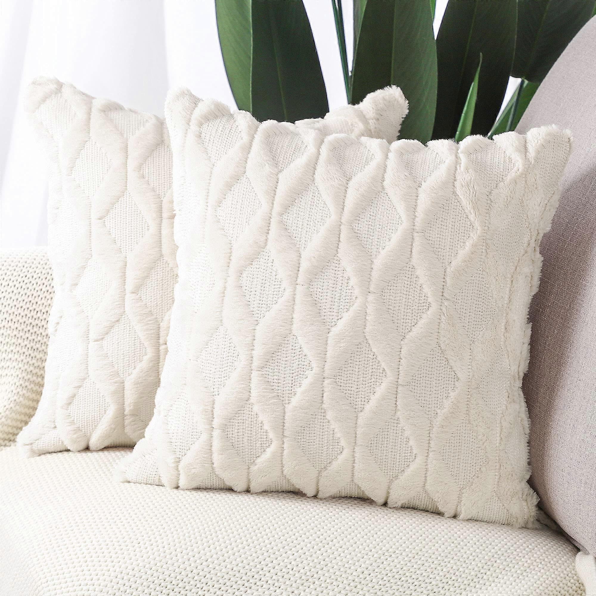 2 Soft Plush Short Wool Velvet Decorative Pillow Case Set 24x24 Inch Beige Square Luxury Style Pillow Cases European Pillow Shell for Sofa Bedroom