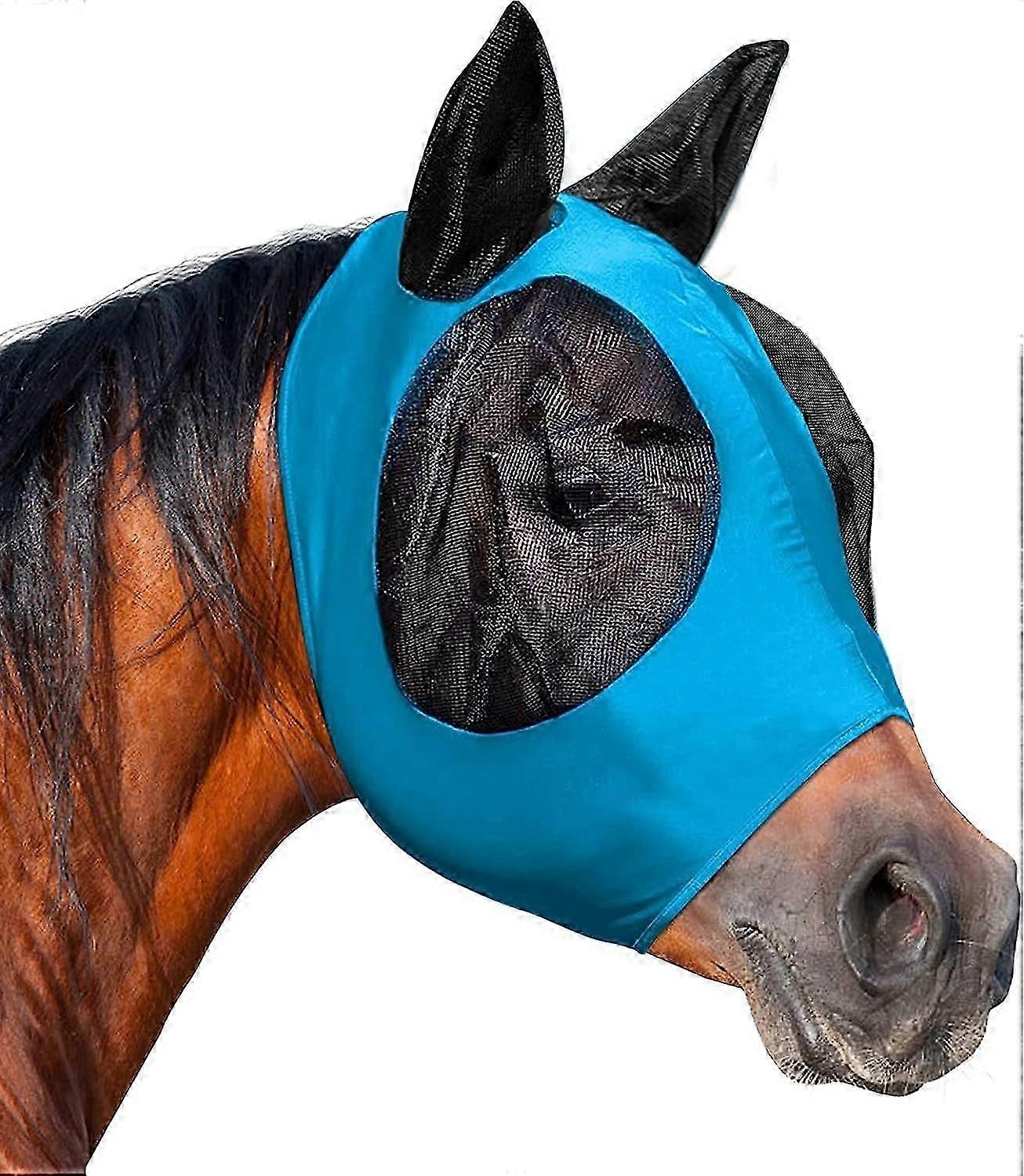 Horse Fly Mask, Fly Masks for Horses with Ears, Smooth & Elasticity Lycra Fly Mask, Avoid Equine Fly and UV Protection (Azure, Full (Large))
