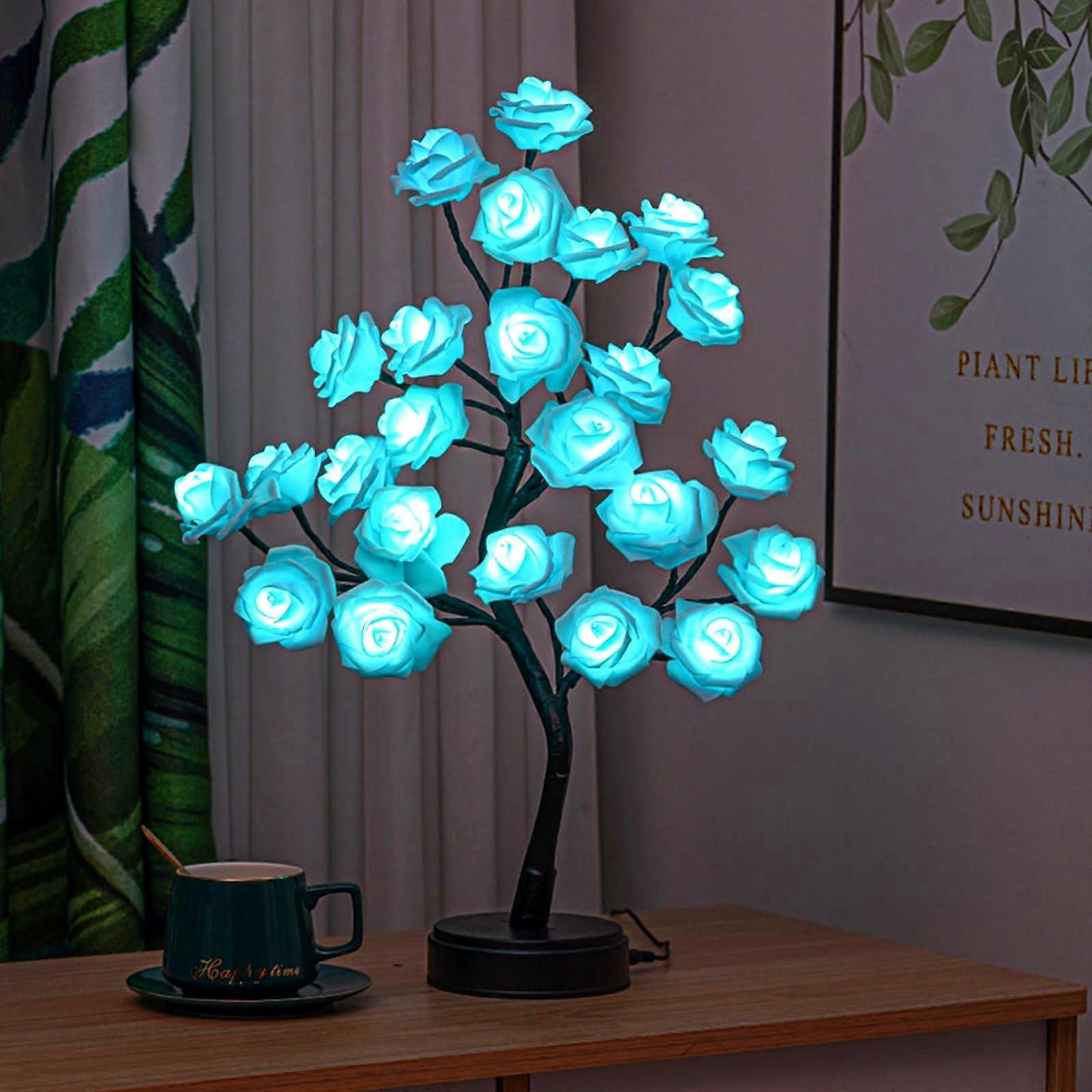 Rose Flower Tree Lamp, LED Rose Bedside Table Lamp Battery Powered or USB Adapter, Gift (Blue)