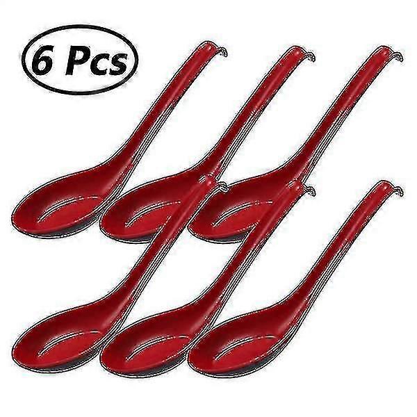 6pcs Noodle Soup Spoons Long Handle Red Japanese Asian Flatware Plastic Spoons Tableware Scrollsqy