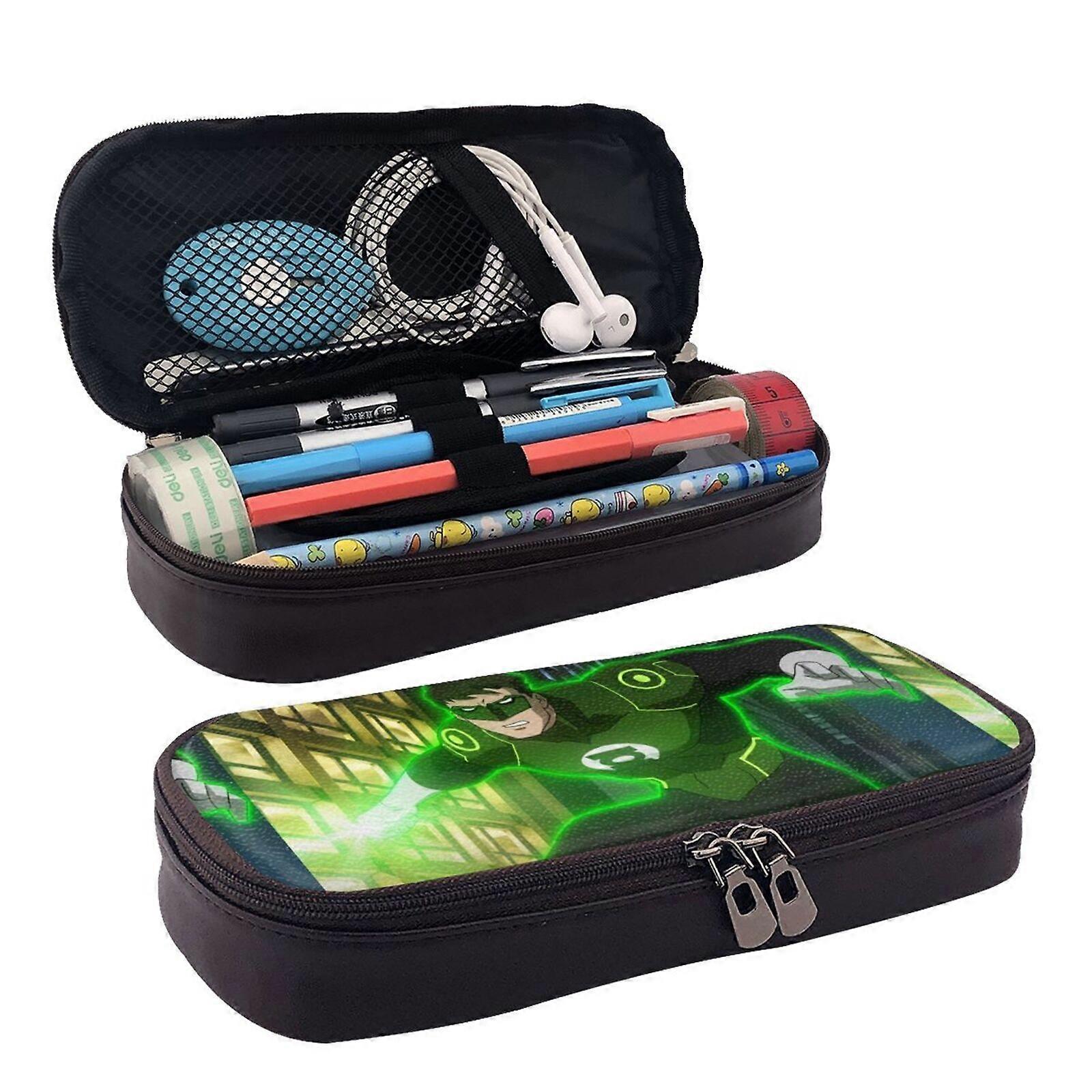b67 Green Lantern The Animated Series Pencil Case Multi-Functional Brown PU Leather Pouch for Travel & Everyday Use v67